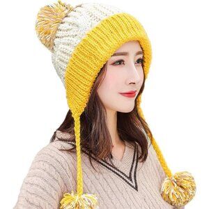 Women Beige Yellow Winter Peruvian Cover Ears Beanie Hat Ear Flaps Sherpa  Snow